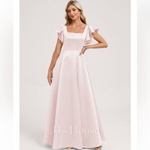 JJ's House Yeva Blushing Pink A-line Square Ruffle Satin Dress